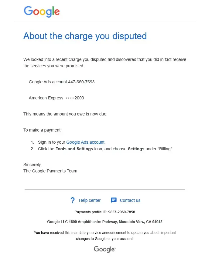 Charge dispute notice