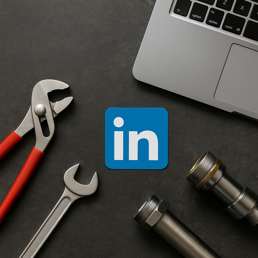 LinkedIn logo surrounded by plumber tools and a laptop on a dark background