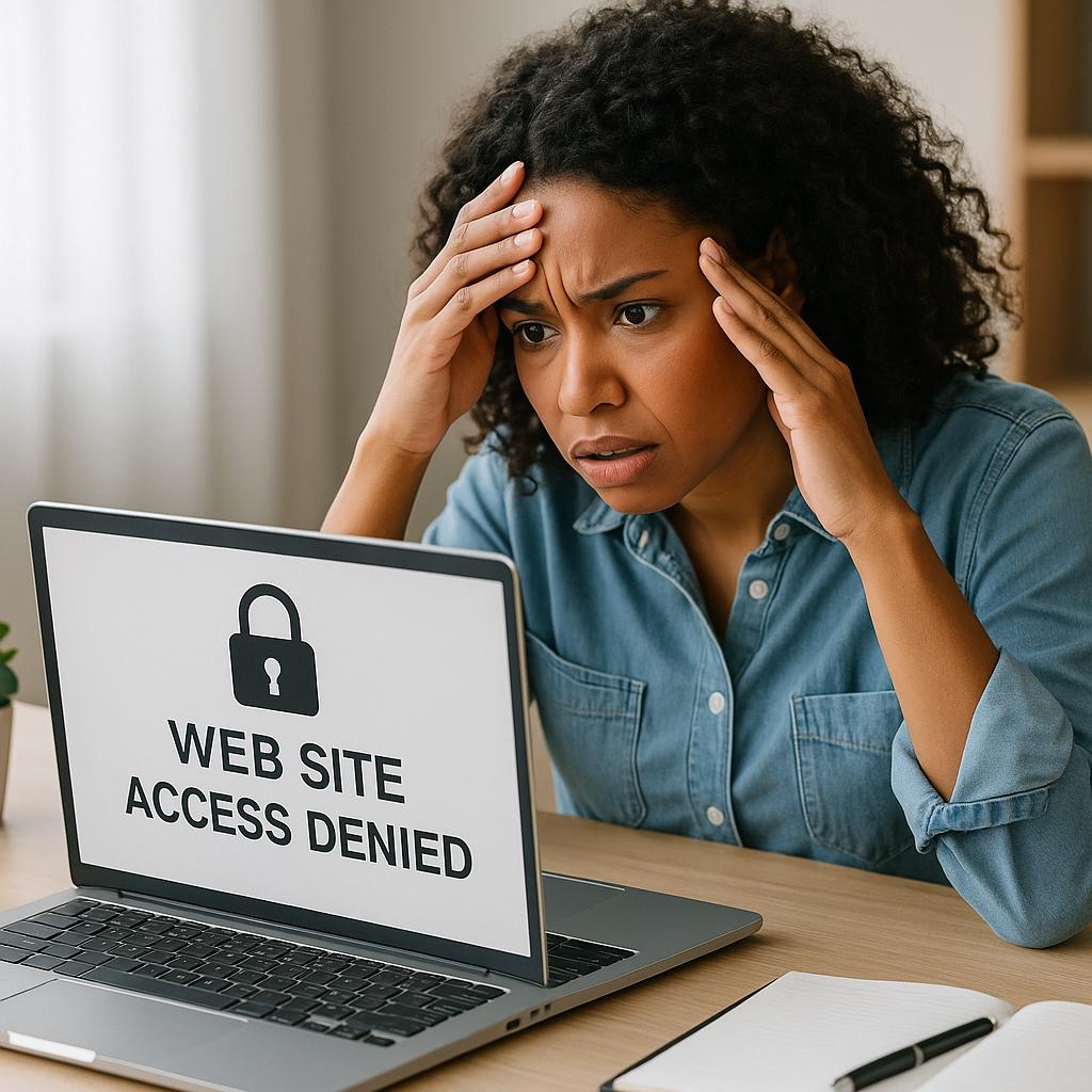 A frustrated woman sits at her desk looking at a laptop screen displaying “Website Access Denied,” symbolizing confusion over losing access to her website or domain.