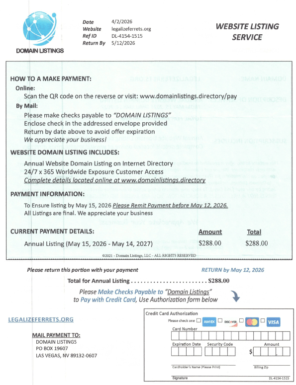 Invoice-style notice from Domain Listings requesting payment for a website listing that is not related to domain registration or hosting.