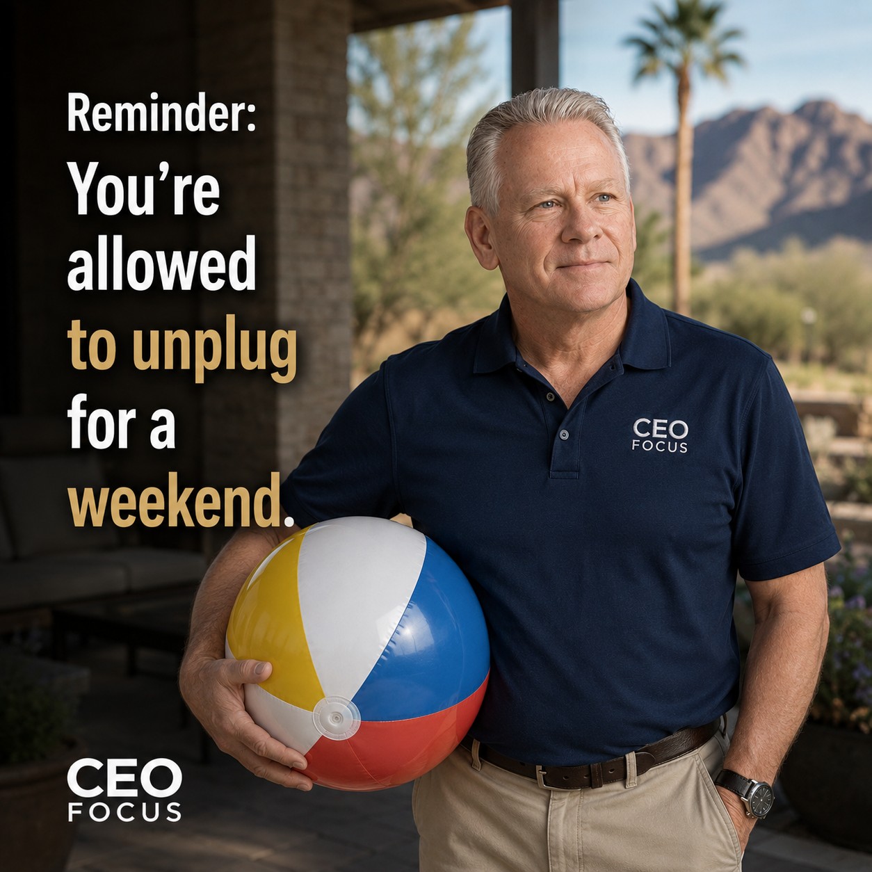 CEO Focus AI-generated marketing image about unplugging for the weekend.