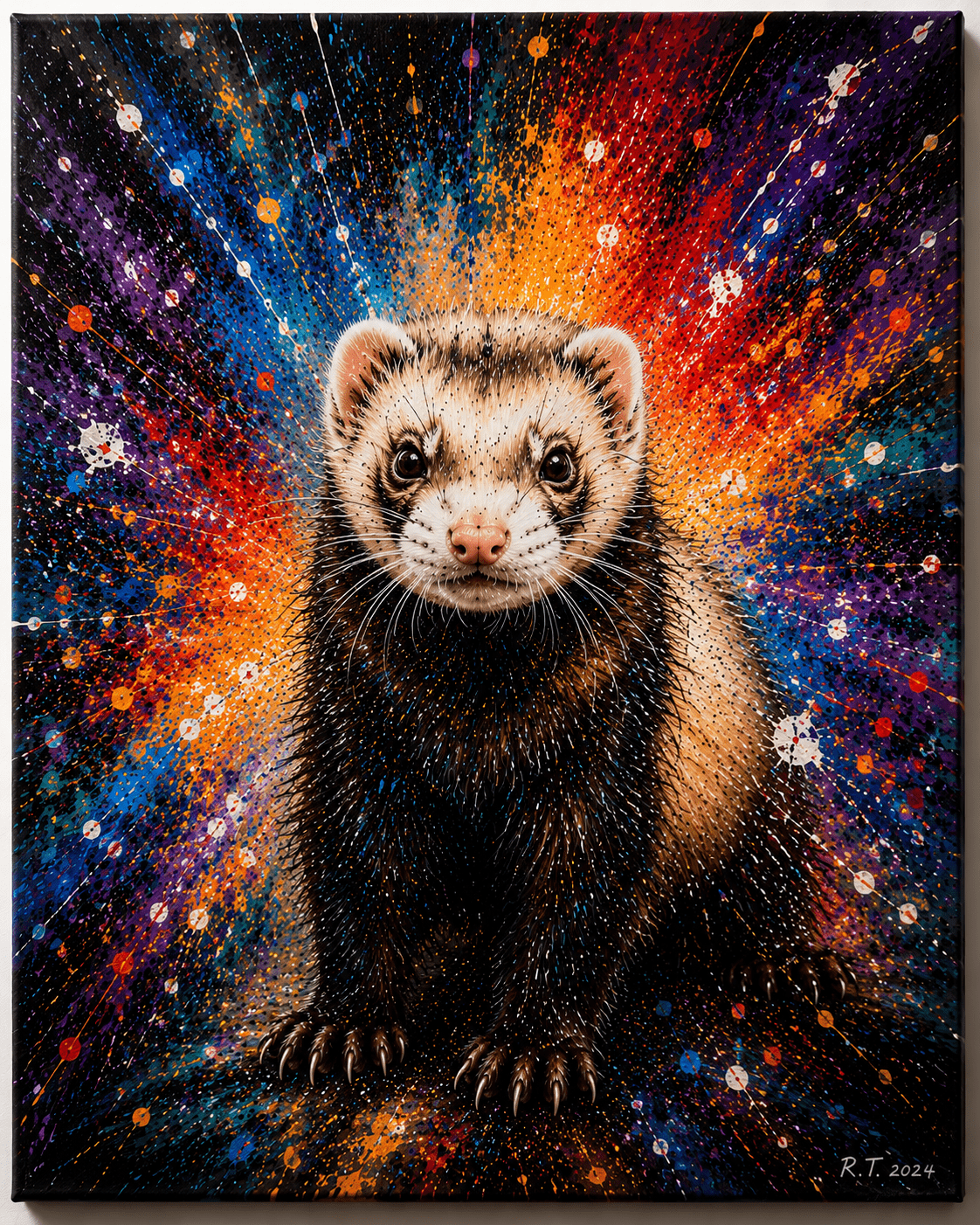 Colorful stylized painting of a ferret facing forward against an energetic explosion of blue, orange, red, and purple paint splashes.