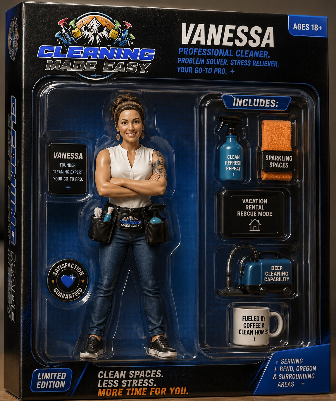 Cleaning Made Easy AI-generated action figure marketing image.