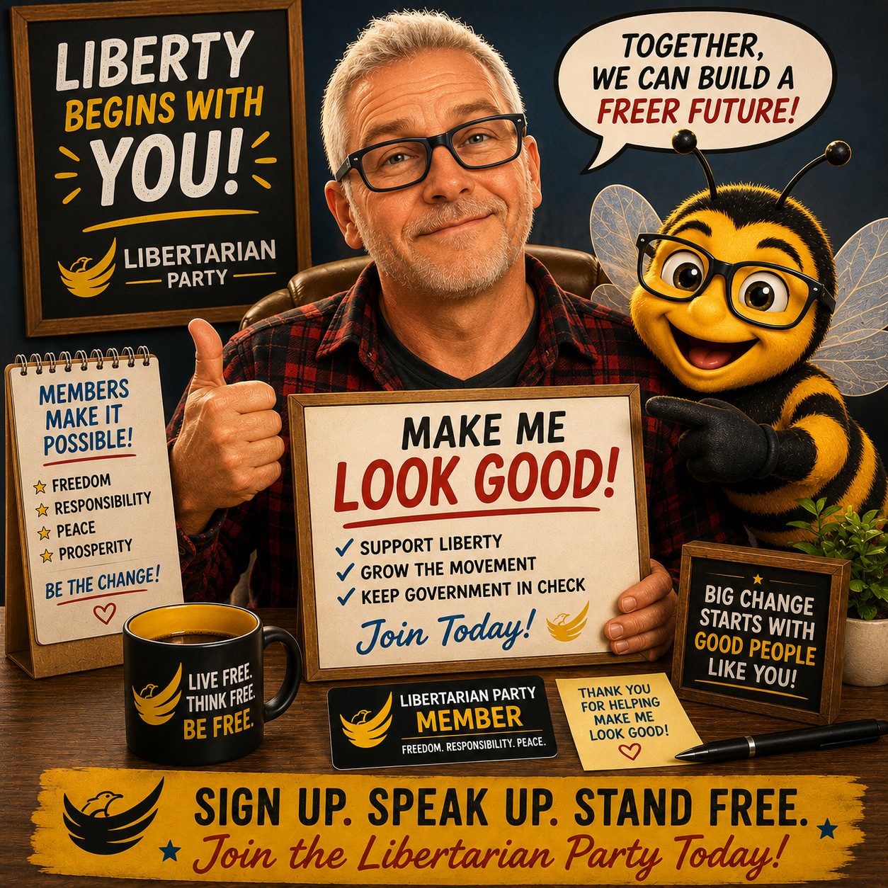 Libertarian Party AI-generated membership promotion with bee mascot.