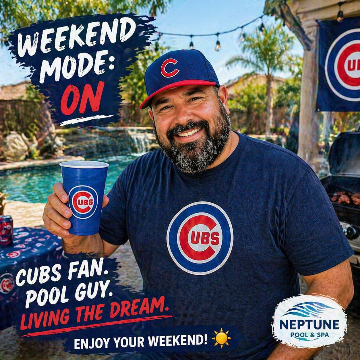 Neptune Pool and Spa AI-generated weekend marketing image featuring a Cubs fan pool professional.