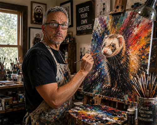 Artist in a paint-filled studio working on a vibrant abstract portrait of a ferret on a large canvas.
