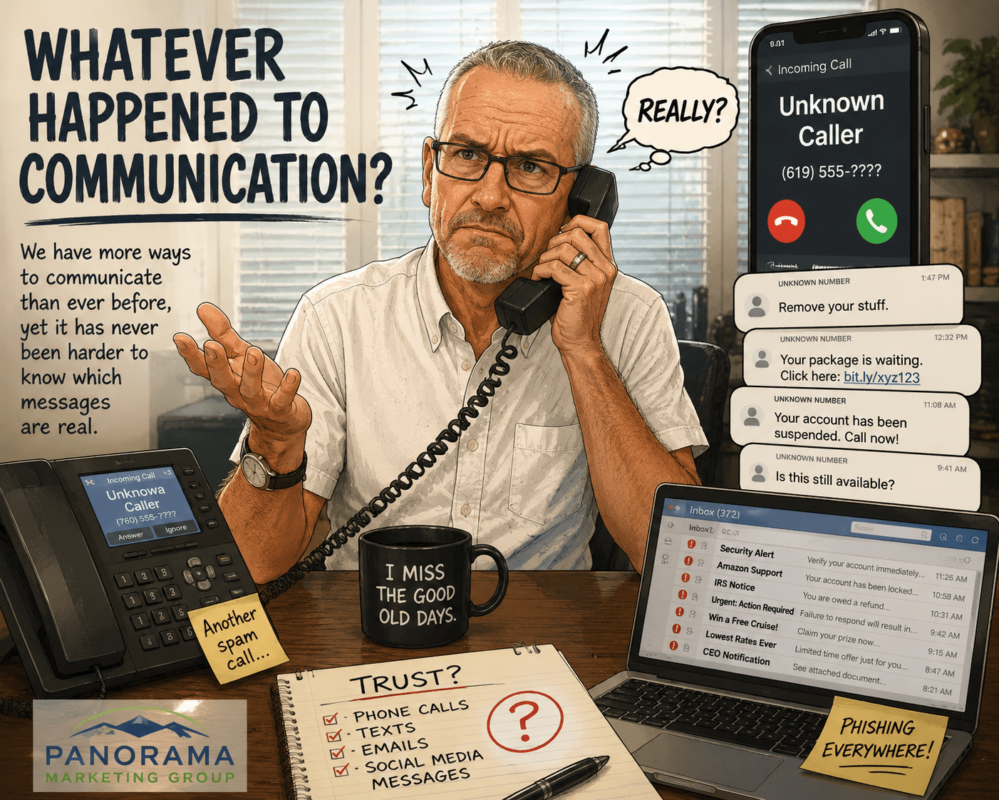 Pat Wright sits at his desk holding a ringing phone with a frustrated expression while surrounded by spam calls, suspicious text messages, and phishing emails.