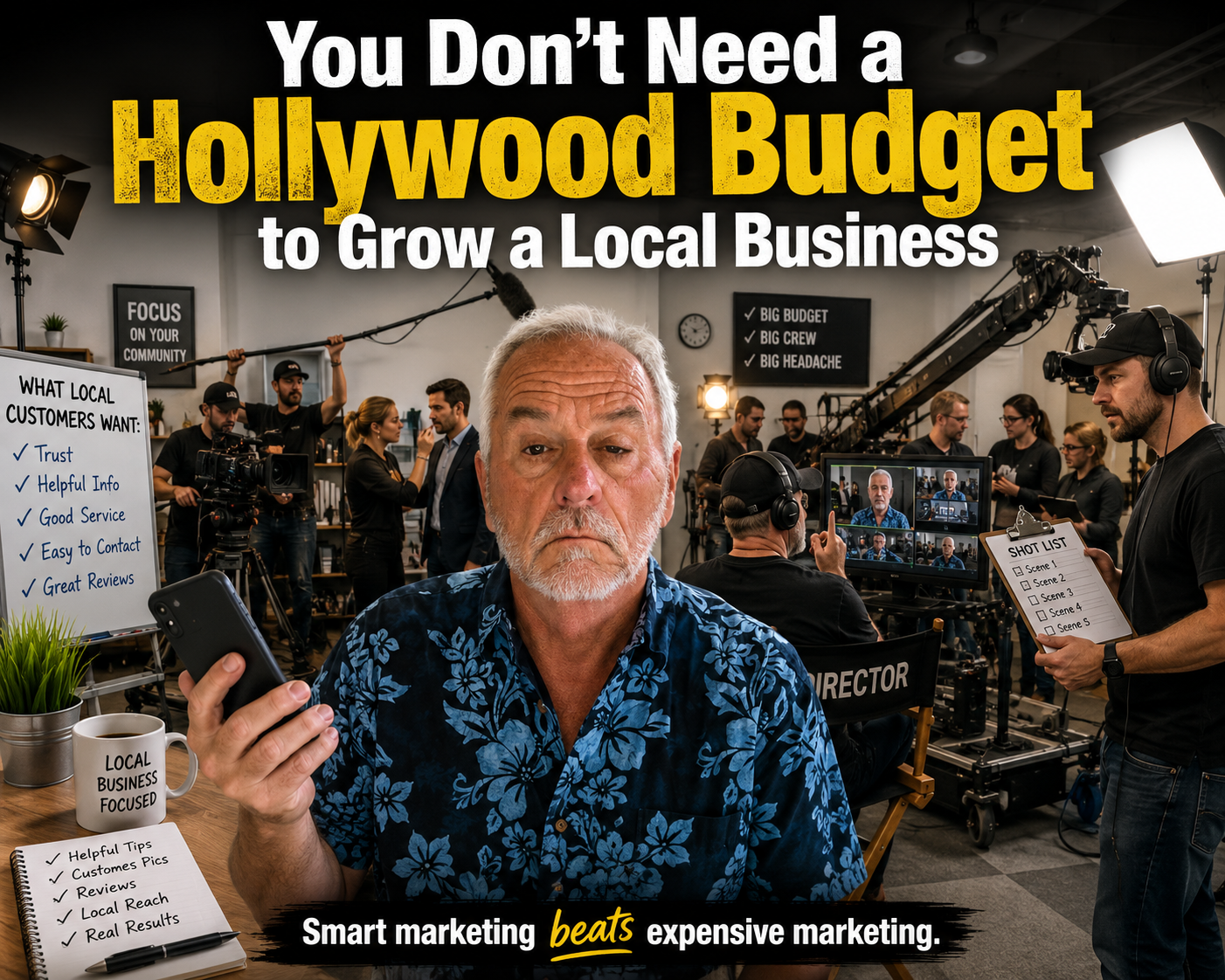 A skeptical small business owner holds a smartphone in front of an over-the-top Hollywood-style production set, showing that local businesses do not need massive marketing budgets to succeed.