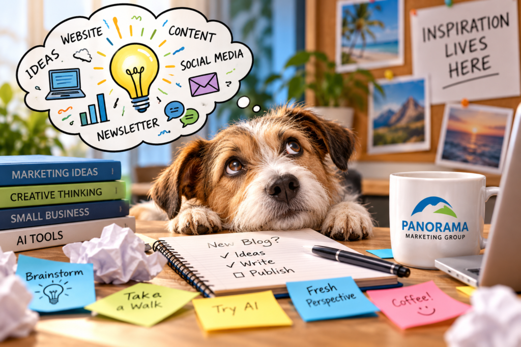 A thoughtful dog rests at a desk surrounded by marketing books, colorful sticky notes, and a glowing lightbulb representing creative inspiration and brainstorming for small businesses.